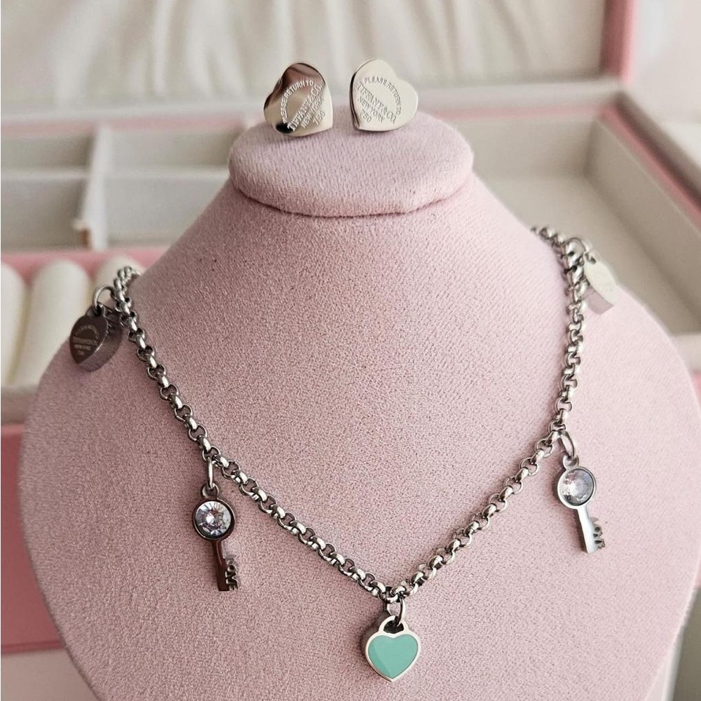 Silver Heart and Key Charm Necklace and Earring Set